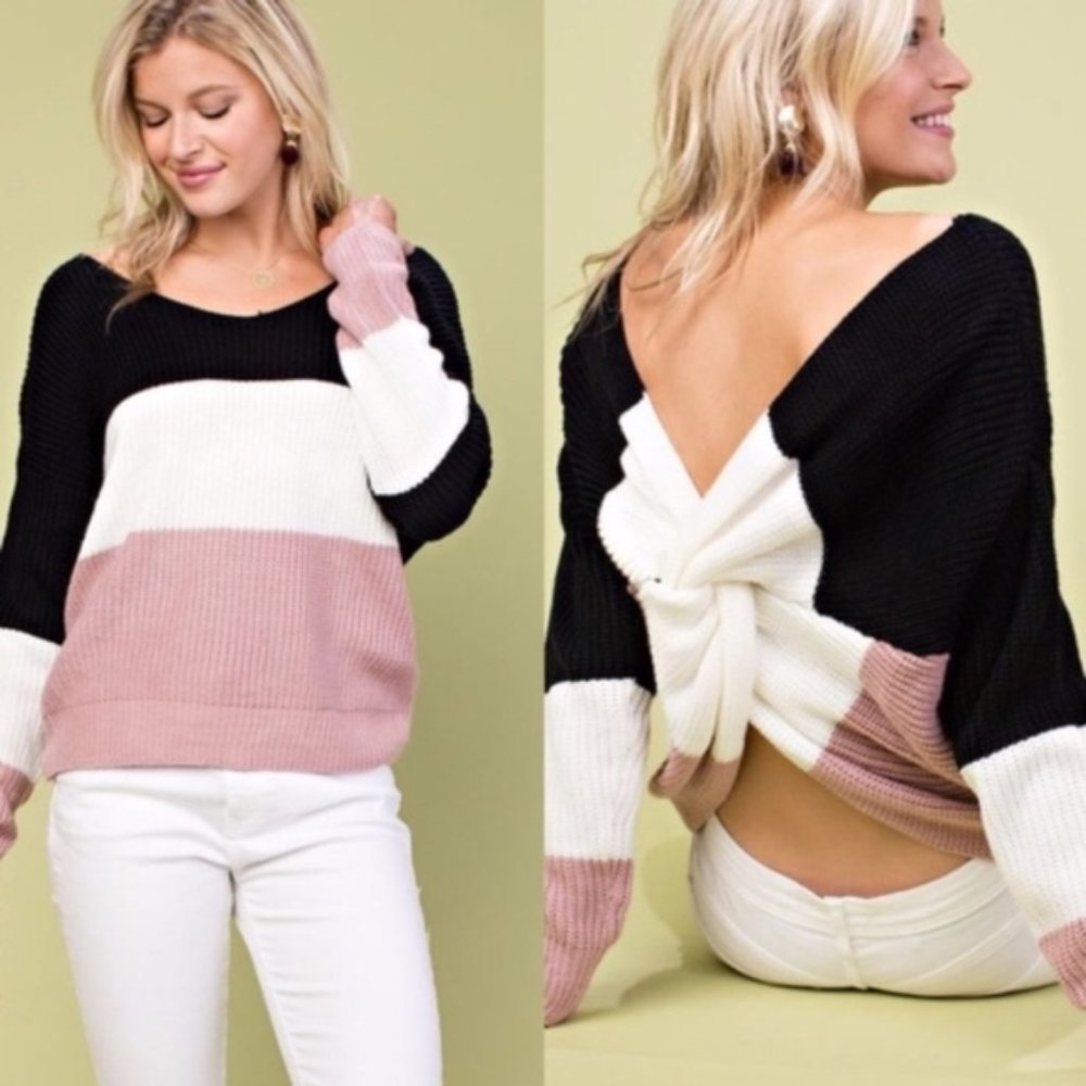 V-Neck Color Block Twisted Knot Back Sweater - Picture 5 of 5